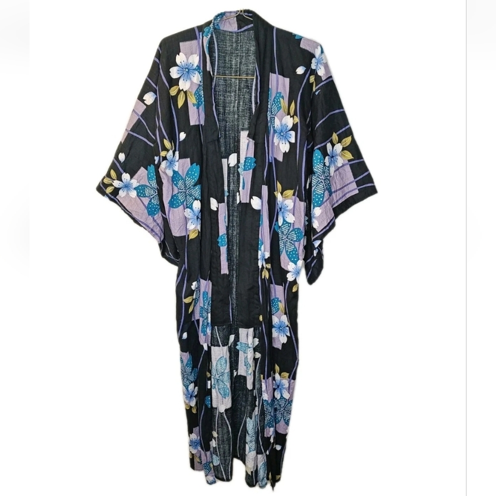 Draped Front Kimono Robe Wrap Tropical Dark Floral Resort Beach Cruise Woman O/S